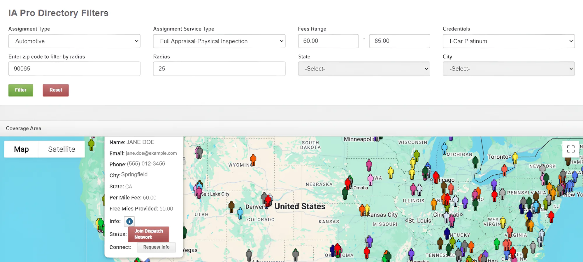 IA Pro Directory filters — assignment type, service, fee range, credential, radius, and a national coverage map